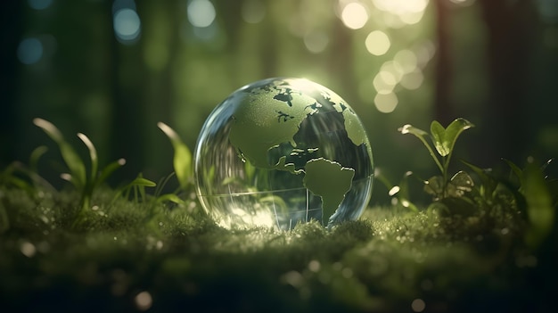 Un globe de verre est posé sur l'herbe au soleil.