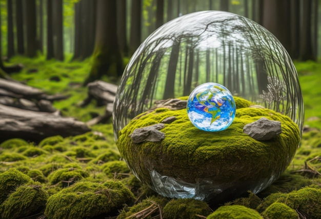 Un globe de verre est posé sur un rocher couvert de mousse dans une forêt.