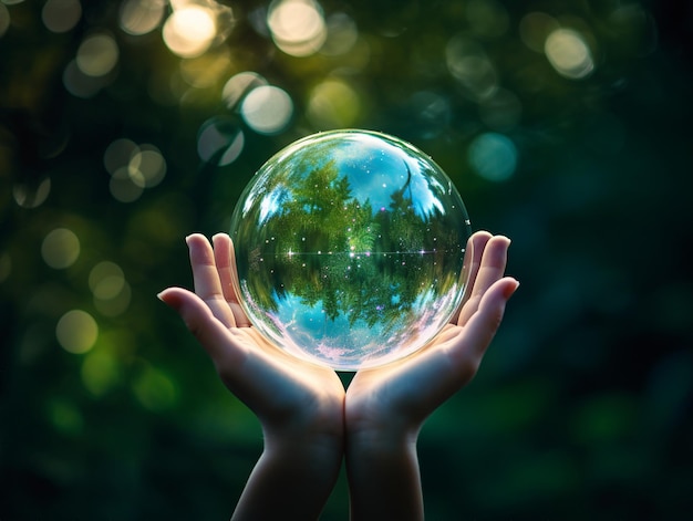 un globe de verre avec le mot terre dans les mains