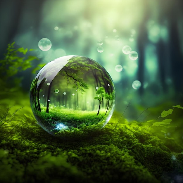 Globe en verre sur la mousse d'herbe dans la forêt - Planète verte avec des lumières bokeh abstraites défocalisées