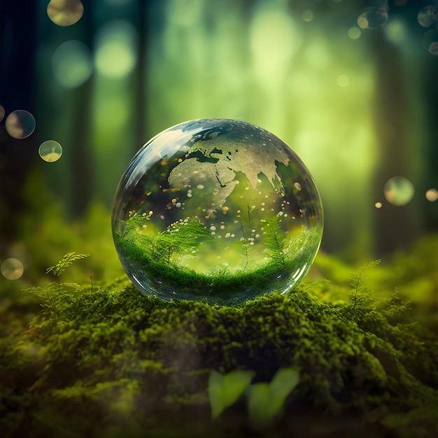 Globe en verre sur la mousse d'herbe dans la forêt - Planète verte avec des lumières bokeh abstraites défocalisées