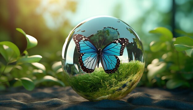 Un globe de verre avec un papillon dessus le jour de la terre
