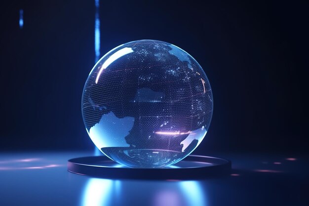 Un globe en verre repose sur une surface sombre avec une lumière bleue derrière.