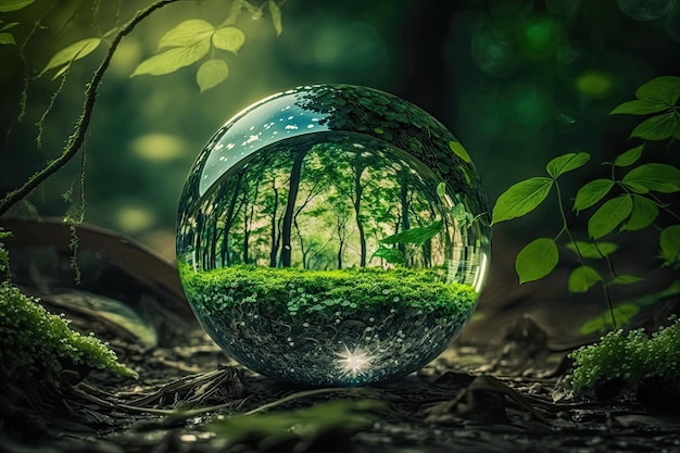 Globe en verre avec une scène de forêt à l'intérieur