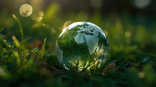 Un globe de verre se trouve sur l'herbe au soleil