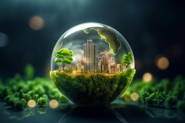 Un globe en verre avec une ville à l'intérieur et un arbre vert sur le dessus.