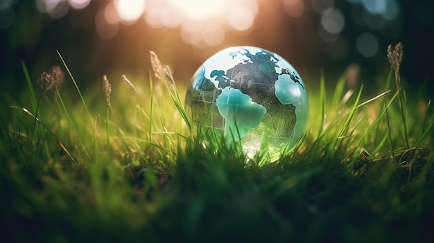 Un globe vert dans l'herbe avec le soleil qui brille dessus.