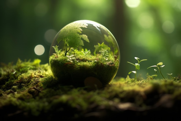 Le globe vert du jour de la Terre entouré d'une forêt luxuriante et d'une lumière solaire éthérée