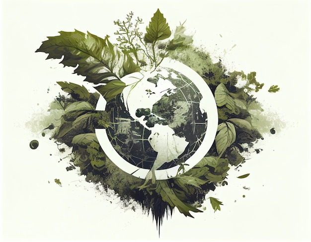 Un globe vert avec des feuilles autour et les mots "terre" sur le dessus.