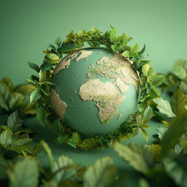 Un globe vert avec des feuilles qui l'entourent mot vert Jour de la Terre vert