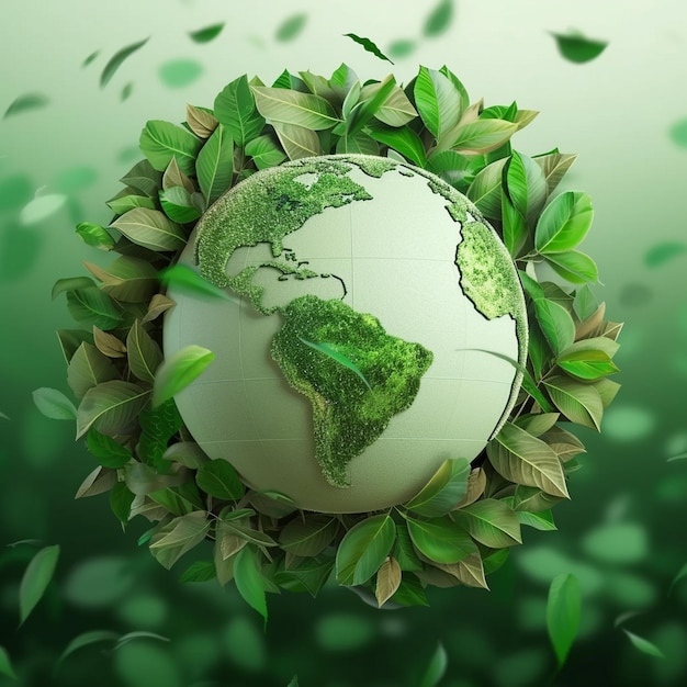 Un globe vert avec des feuilles qui l'entourent mot vert Jour de la Terre vert
