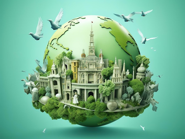 Un globe vert avec un monde dessus et un château dessus.