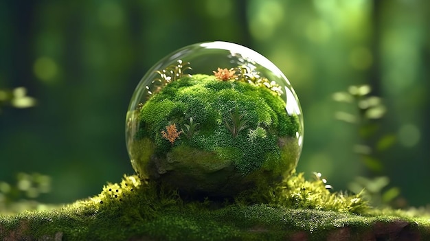 Le globe vert sur la mousse Concept environnemental de l'IA générative