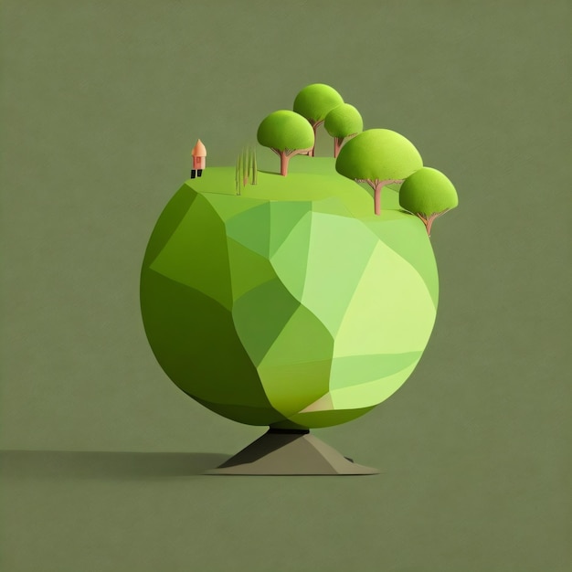 Un globe vert avec une personne debout dessus et un arbre dessus.