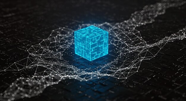 A glowing blue cube with circuitlike patterns rests on a dark technological surface surrounded by a network of interconnected nodes The image evokes concepts of data technology and digital innovation