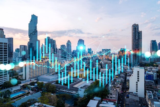 Glowing Graphique Forex Hologramme Paysage Urbain Panoramique Aérien De Bangkok Au Coucher Du Soleil Négociation D'actions Et D'obligations En Asie Le Concept De Gestion De Fonds Double Exposition