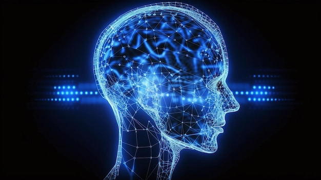 Glowing Neural Network Gros plan d'un cerveau humain connecté aux circuits et à l'interface de l'ordinateur