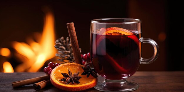 Photo gluhwein chaud dans un verre de vin chaud avec des oranges et des épices