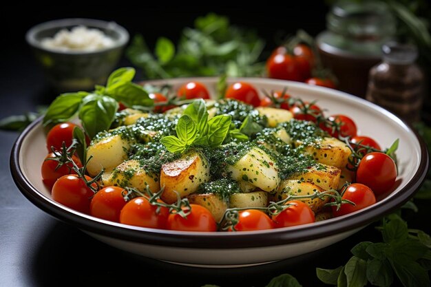 Gnocchi abondant avec du pesto et des tomates à la cerise