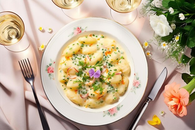 Gnocchi Alfredo cuit au four avec boisson pour le petit déjeuner sur la table en bois et dans la salle à manger.