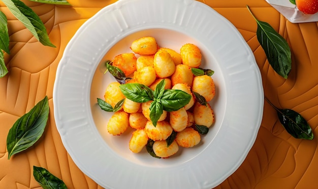 gnocchi dans une plaque blanche sur un fond tressé orange avec une vue de feuille verte