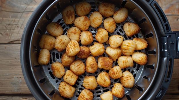 Gnocchi doré croustillant préparé dans une friteuse à air vue de haut