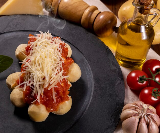 Gnocchi à la sauce tomate bio naturelle sans pesticides avec du parmesan râpé et des feuilles de basilic.