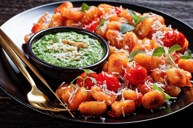 Gnocchis de pommes de terre italiens frits avec tomates cerises au basilic, menthe et pesto d'épinards, fromage parmesan - plat italien, sur une plaque noire avec des couverts dorés sur une table en bois rustique sombre, gros plan