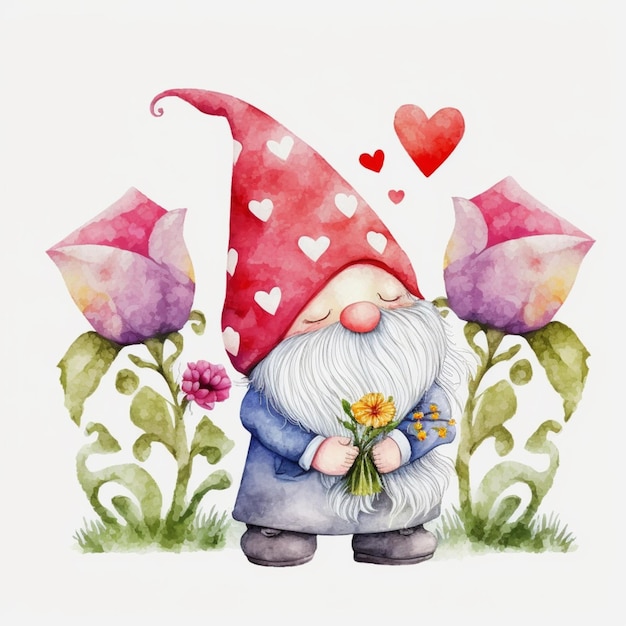 Un gnome avec un bouquet de fleurs