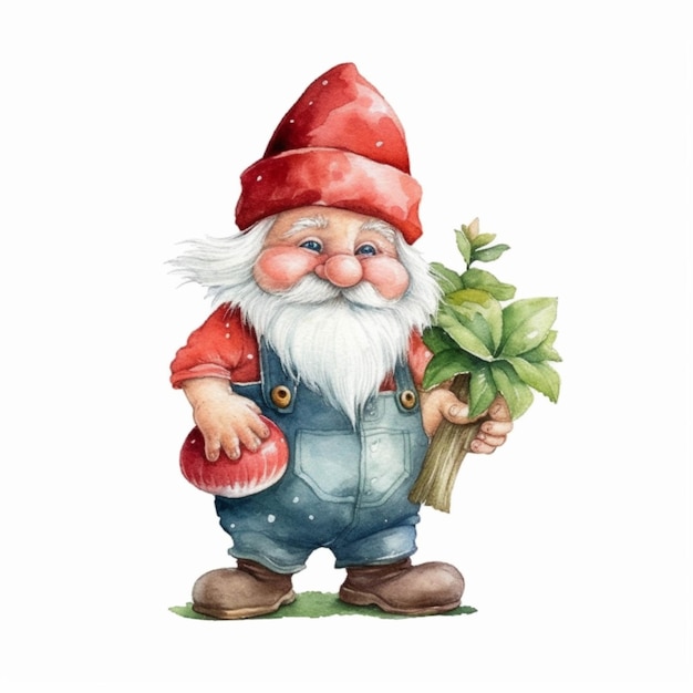 Gnome avec un chapeau rouge et une salopette bleue tenant un tas de feuilles vertes générative ai