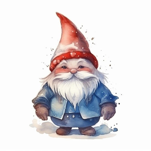 Gnome avec chapeau rouge et veste bleue debout dans la neige ai générative