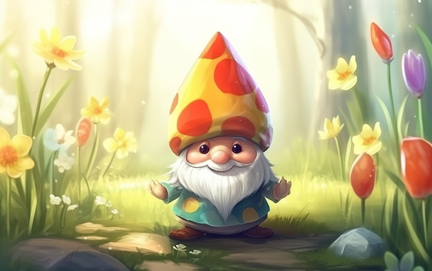 Un gnome dans un jardin fleuri