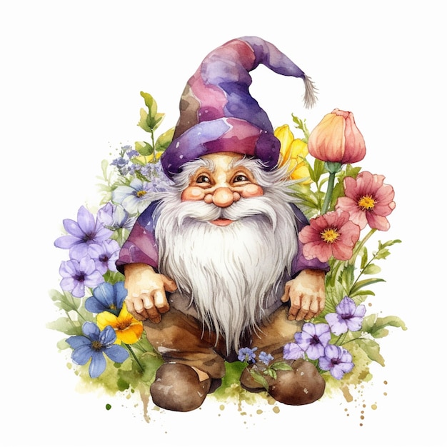 Gnome dans un jardin avec des fleurs et des feuilles