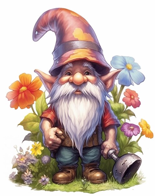 Un gnome de dessin animé avec un chapeau et une ai générative de jardin fleuri