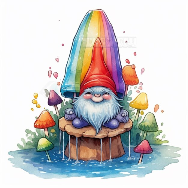 gnome de dessin animé avec un chapeau arc-en-ciel assis sur une souche dans l'eau ai générative