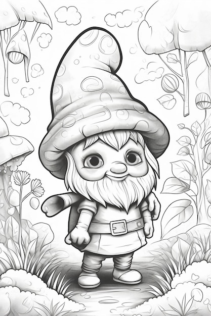 un gnome de dessin animé avec un chapeau et une barbe debout dans une forêt ai générative
