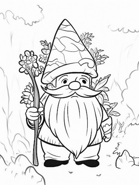 un gnome de dessin animé avec une fleur dans sa main ai générative