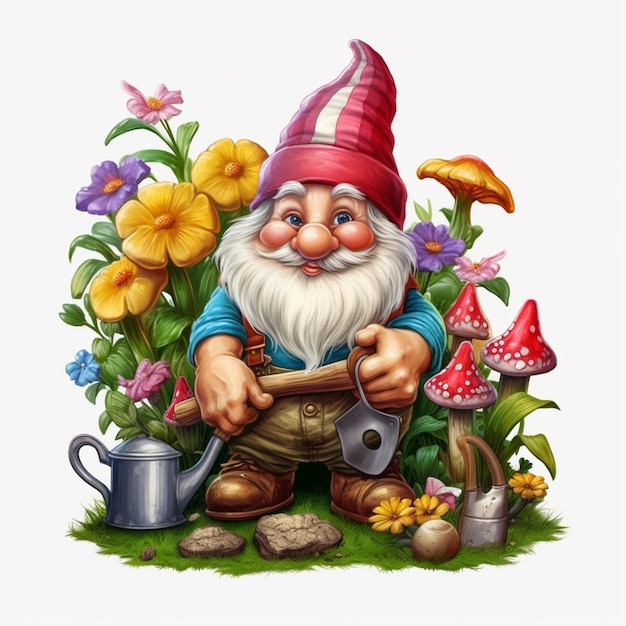 Photo un gnome de dessin animé avec une pelle se tient devant un jardin fleuri.