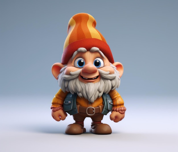 Un gnome de dessin animé avec un sac à dos sur une surface blanche