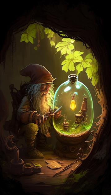 Un gnome est assis dans un arbre avec une ampoule à l'intérieur.