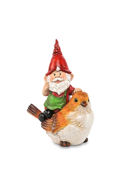 Gnome sur une figurine d'oiseau