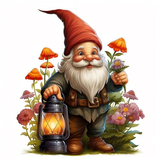 gnome avec lanterne et fleurs ai génératif
