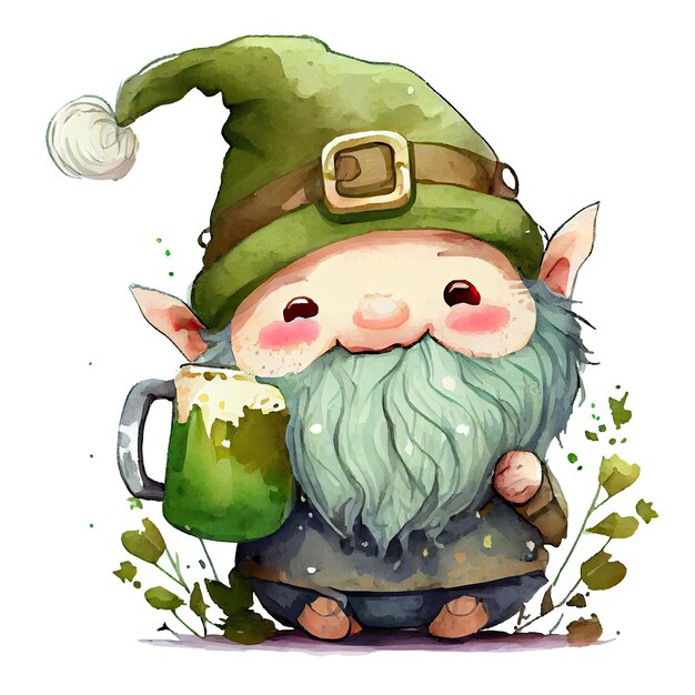 Gnome mignon aquarelle avec chope de bière personnage de dessin animé st patricks day