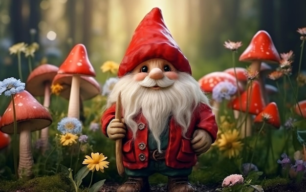 Gnome mignon de printemps vibrant dans la forêt Copie Concept Illustration Generative AI
