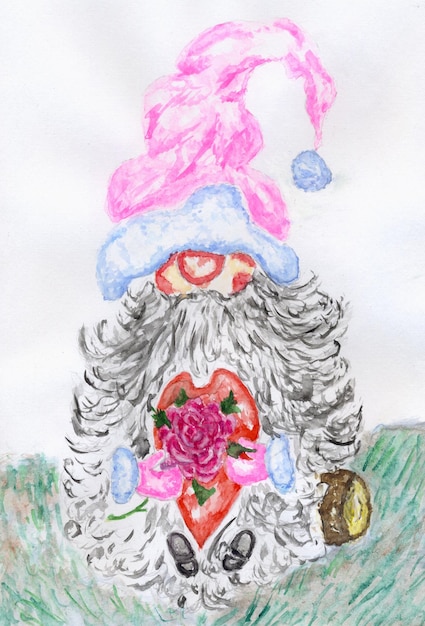 Gnome nordique rétro de dessin animé mignon avec coeur illustration dessinée à la main de la Saint-Valentin