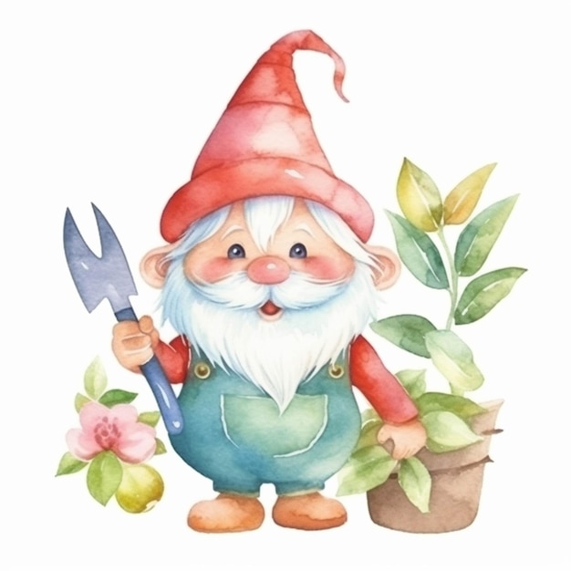 Gnome avec outils de jardin et plantes en pot générative ai