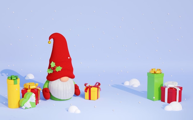 Gnome scandinave de Noël au chapeau rouge avec pile de coffrets cadeaux illustration de rendu 3D