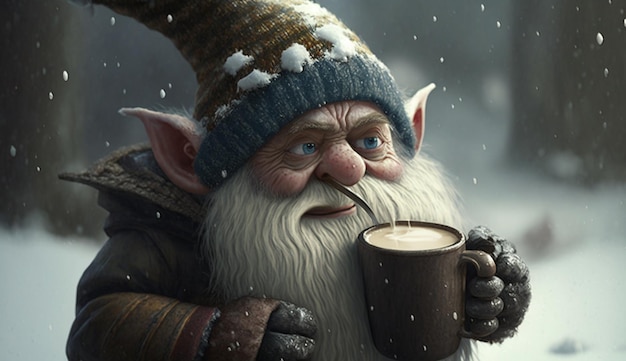 Un gnome avec une tasse de café dans la neige