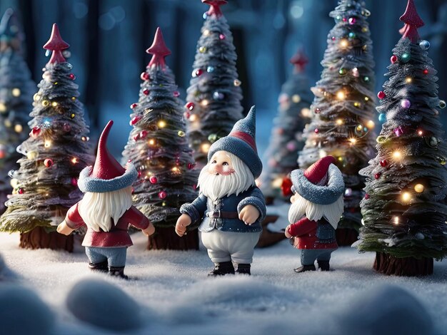 Des gnomes de Noël dans la forêt enneigée d'hiver