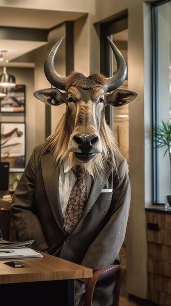 Photo gnou en costume d'affaires dans un bureau sur le thème de la savane généré par l'ia